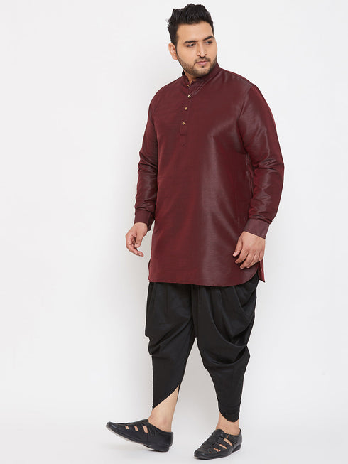Vastramay Men's Plus Size Wine Silk Blend Curved Kurta Dhoti Set